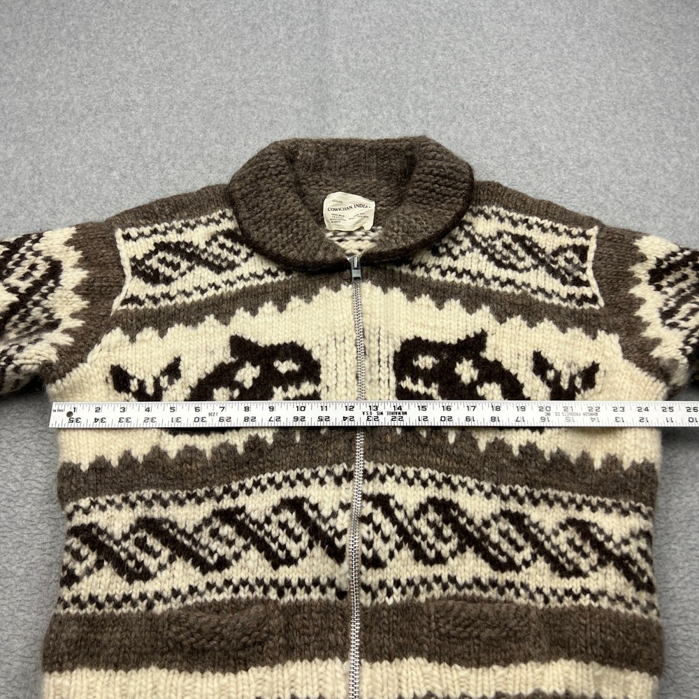 Cowichan Indian Knit Cardigan Mens Large* Brown Whale Hand Knit Wool Zip Sweater - Picture 5 of 11